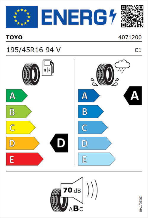 Tyre Label for Toyo Proxes Comfort 195/45R16 94V