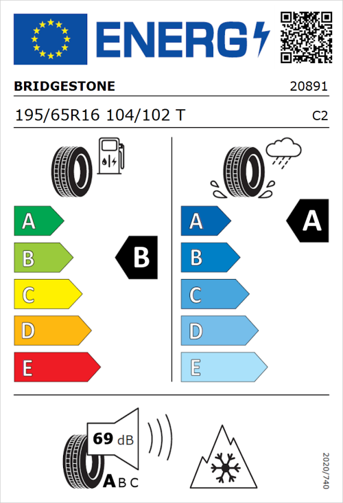 Tyre Label for Bridgestone Duravis Van 195/65R16 104/102T