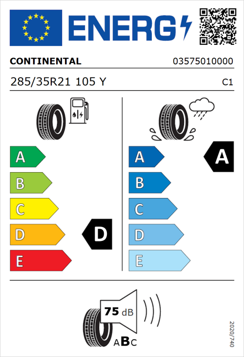 Tyre Label for Continental ContiSportContact 5 P 285/35R21 105Y